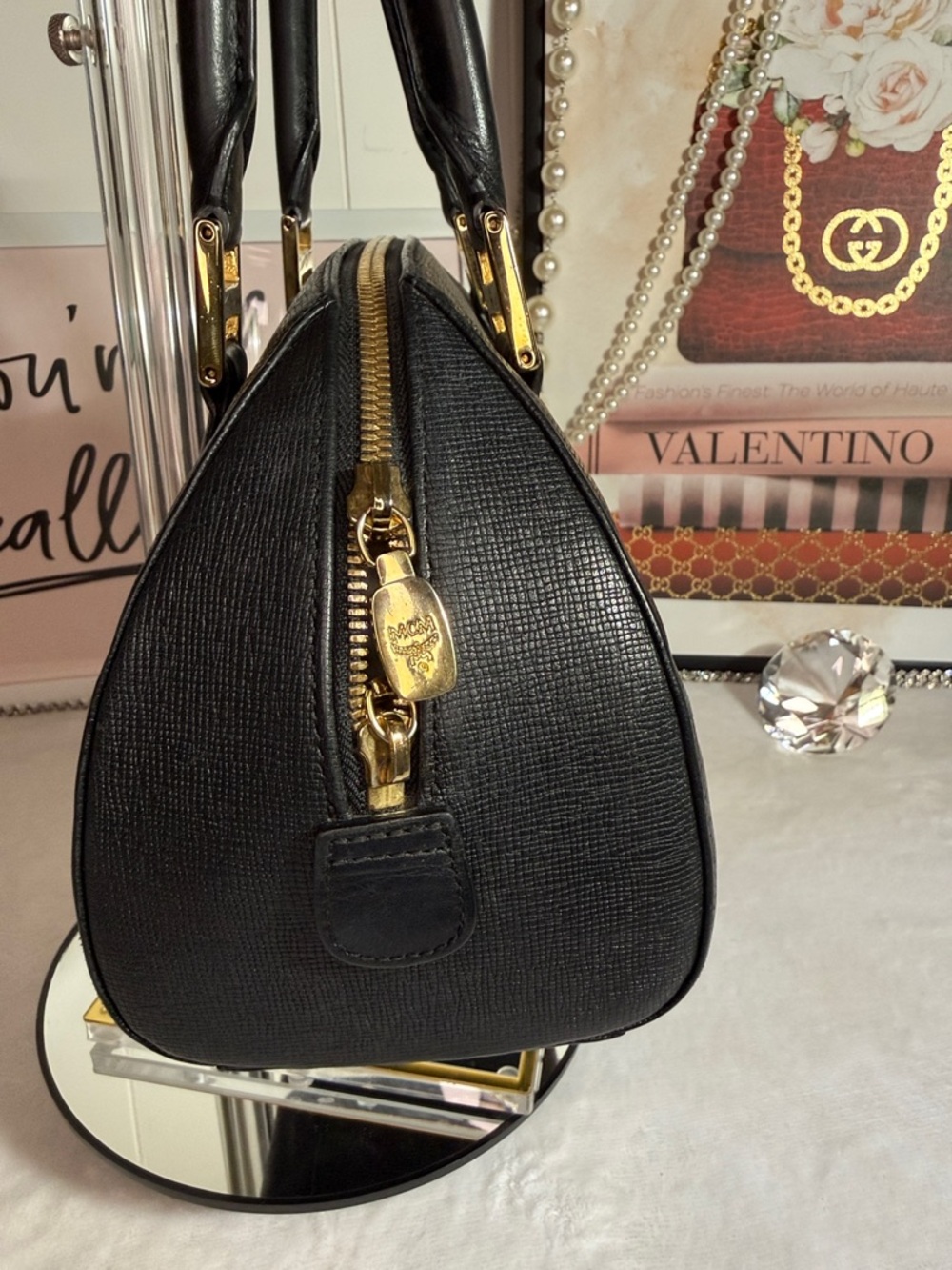 MCM Vintage Black Leather Boston Satchel Barrel Bag Made in Korea Authentic - Picture 4 of 17